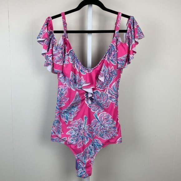 Marilyn Monroe Swimwear One Piece‎ Swimsuit Cold Shoulder Pink Floral Print 2X - Picture 1 of 7